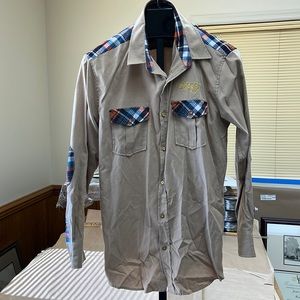 Red Ape western, long sleeve, orange/blue/white plaid gently used.